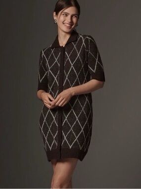 Anthropologie Brown Diamond Patterned Knit Rhinestone Sweater Shift Dress S NWT